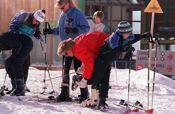 PRINCESS DIANA, WEARING SKI-INT OUTFIT CHECKING PRINCE HARRY