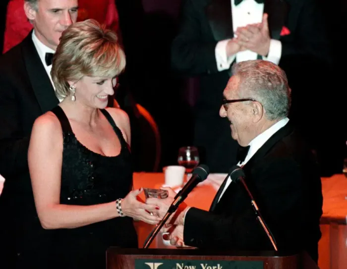 Framed Print : Princess Diana wears a black evening dress whilst receiving an award in New York