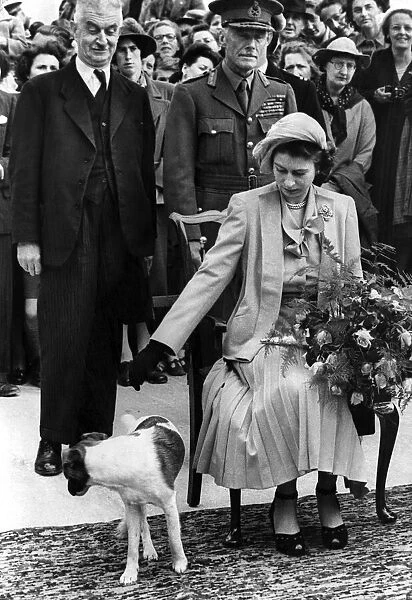 Princess Elizabeth II at Sark receiving a bouquet of flowers Dog at feet looking