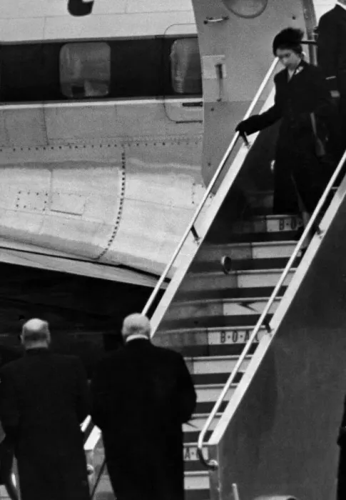 Framed Print : Princess Elizabeth steps from her plane after landing at London Airport after being Framed Print : Princess Elizabeth steps from her plane after landing at London Airport after being