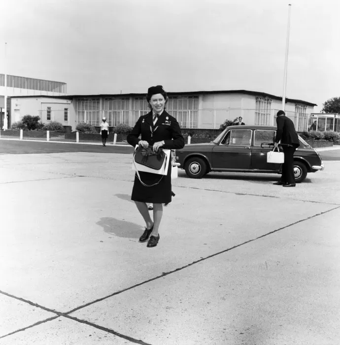 Framed Print : Princess Margaret in Girl Guide uniform leaving Heathrow Airport to fly to Shawbury