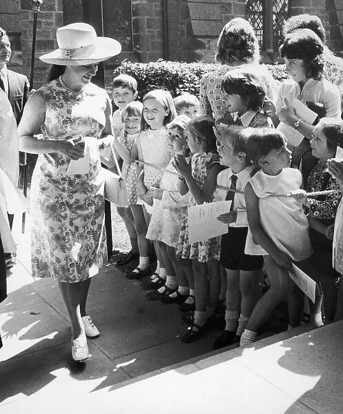 Princess Margaret greets Great Ayton children after attending the church service