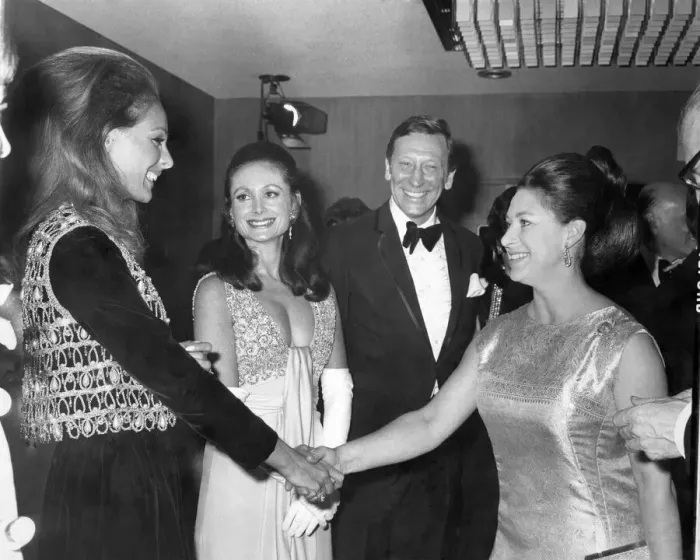 Framed Print : Princess Margaret shaking hands with Camilla Sparv who stars in the film