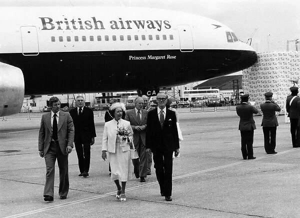 Princess Margaret on the tarmac at Heathrow, with BA Chairman Ross Stainton June