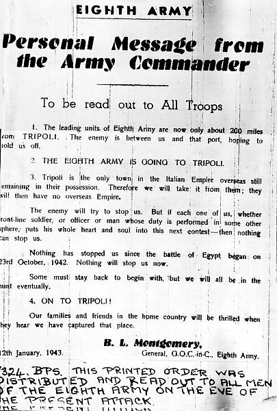 Printed order from General Montgomery distributed to Allied forces prior to the attack
