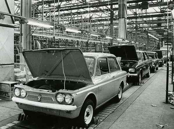 Production line with Hillman Imp and Hillman Hunter cars being assembled at Rootes