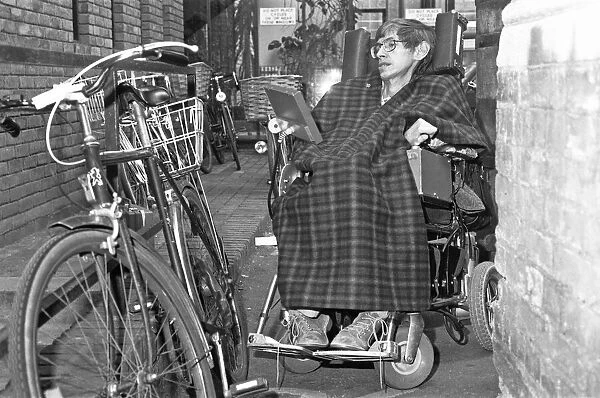 Professor Stephen Hawking, out and about in Cambridge December 1990