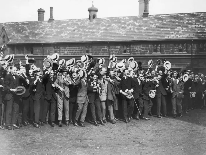 Framed Print : Public School Boys in the grounds of the Chatham Hospital Manchester cheering as Framed Print : Public School Boys in the grounds of the Chatham Hospital Manchester cheering as
