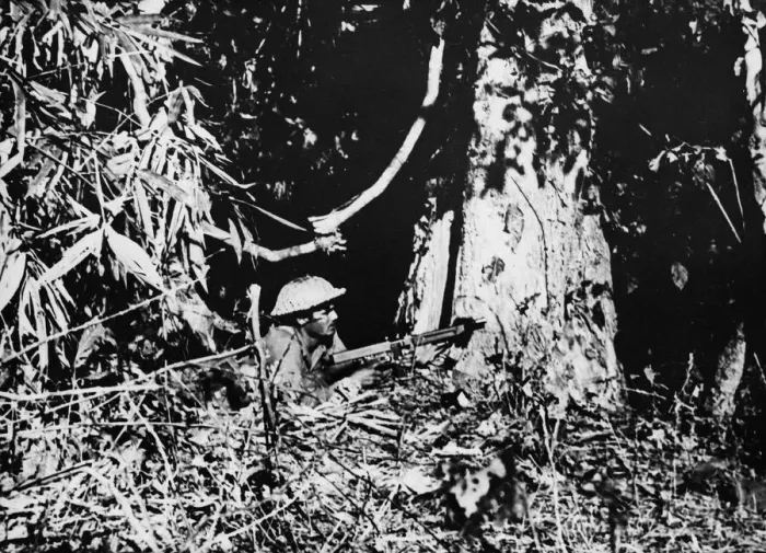 Framed Print : A Punjabi soldier with tommy-gun on the lookout for Japanese snipers. March 2, 1944