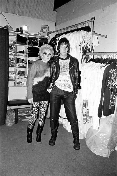 Punk Rock fashions in Birmingham. A young woman and man inside a Punk fashion shop