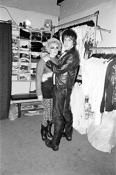 Punk Rock fashions in Birmingham. A young woman and man inside a Punk fashion shop
