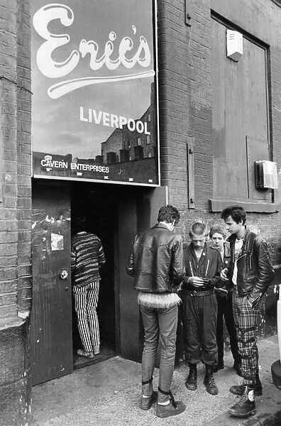 Punks outside Erics night club on Matthew Street, Liverpool, Merseyside