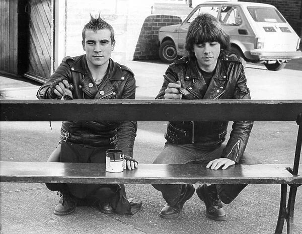 Punks painting benches at Prudhoes Oakfield Park, Mick Long, left, and Tony Monnelly
