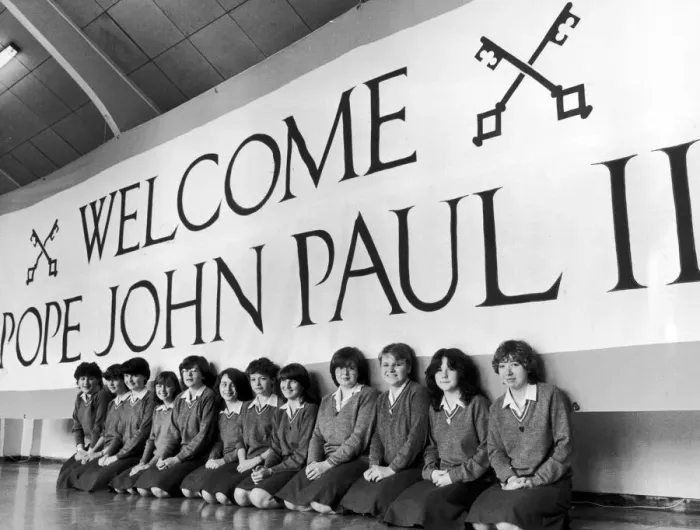 Framed Print : Pupils at Chorlton Convent School make Papal Banner ahead of Pope John Paul II Mass Framed Print : Pupils at Chorlton Convent School make Papal Banner ahead of Pope John Paul II Mass