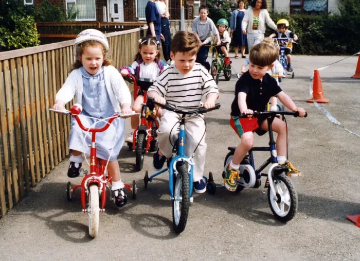 Framed Print : Pupils of Holy Rosary Nursery School, Billingham, taking part in a sponsored trike ride Framed Print : Pupils of Holy Rosary Nursery School, Billingham, taking part in a sponsored trike ride