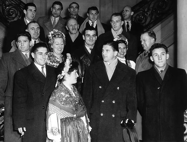 Puskas with Hungarian football team visiting the Sport in Hungary exhibition at Park Lane