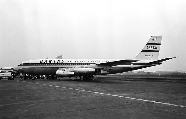 A Qantas Boeing 707 plane at London airport. 7th August 1959