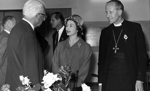 The Queen in the Church of England Pavilion with the Bishop of Coventry Dr Cuthbert