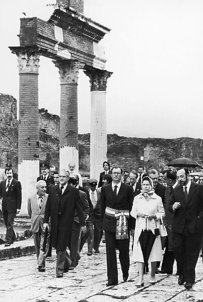 The Queen and The Duke of Edinburgh at the ancient ruins of Pompeii during a visit to