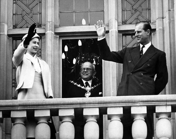 The Queen and Duke of Edinburgh on the balcony of Dudley Town Hall. 24th April 1957