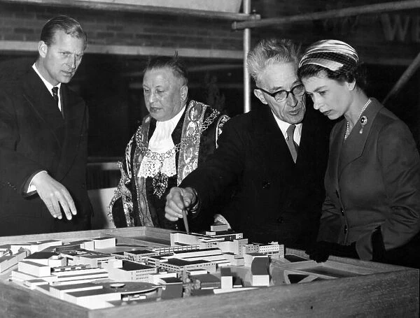 The Queen and Duke inspect a model layout of the city of Coventry. 23rd March 1956