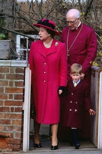 Queen Elizabeth 11 March 1989 leaving church holding the hand of Prince Harry