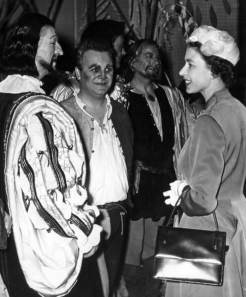 Queen Elizabeth II meets actors at the Shakespeare Memorial Theatre during her visit to