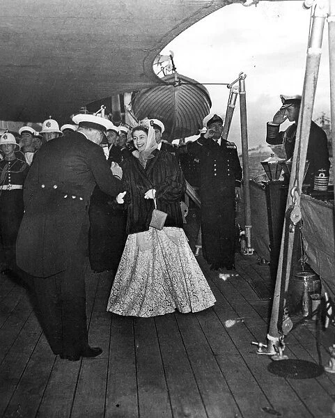 Queen Elizabeth II being piped aboard 'Vanguard'