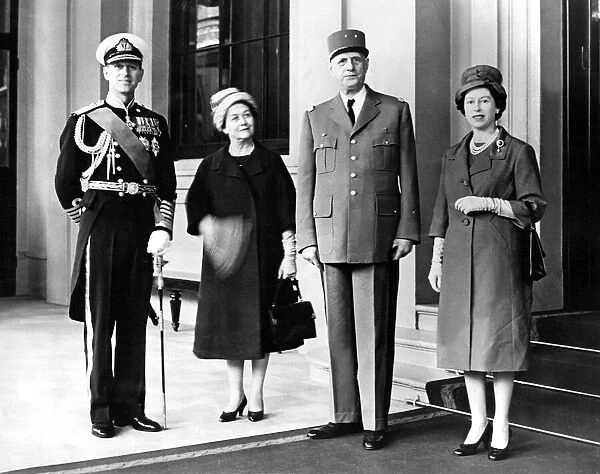 Queen Elizabeth II and Prince Philip with Charles and Mme De Gaulle at Buckingham Palace
