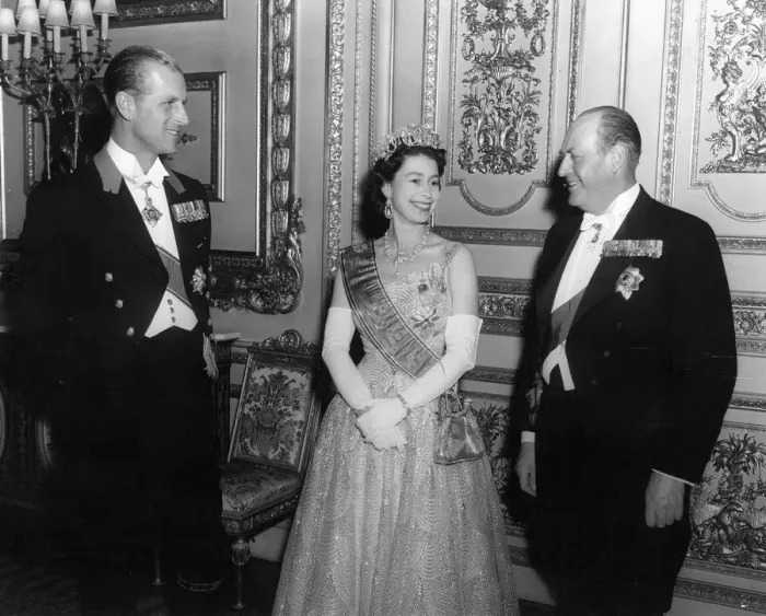 Framed Print : Queen Elizabeth II and Prince Philip with King Olav of Norway pictured after the dinner
