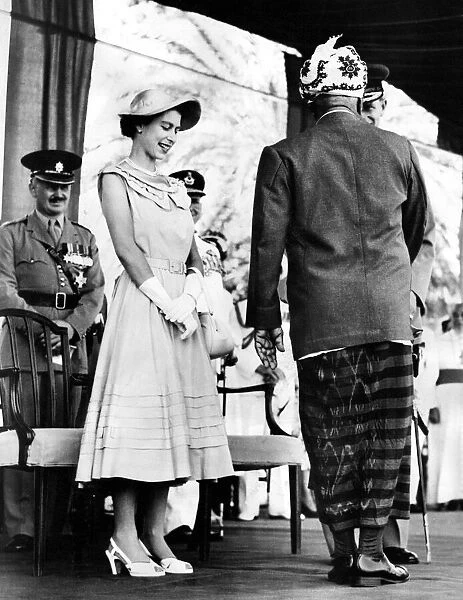 Queen Elizabeth II and Prince Philip meeting dignitaries in Aden during the Royal Tour of