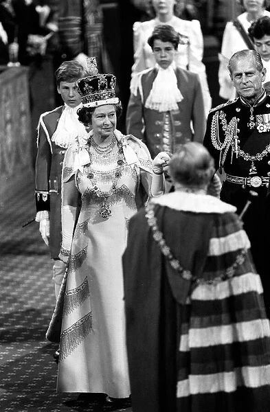 Queen Elizabeth II and Prince Philip at the state opening of Parliament. June 1987