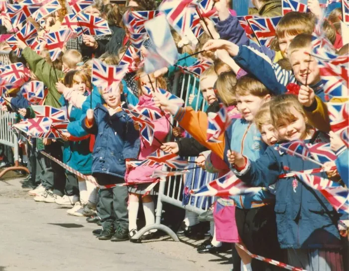Framed Print : Queen Elizabeth II and Prince Philip visit the North East 18 May 1993 - Local children