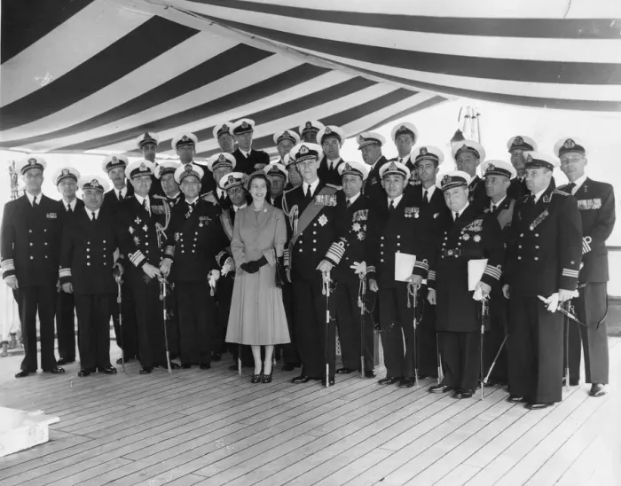 Framed Print : Queen Elizabeth II and Prince Philip with visiting foreign Naval officers