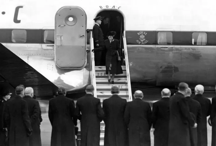 Framed Print : Queen Elizabeth II, Princess Elizabeth steps from her plane at London Airport after being Framed Print : Queen Elizabeth II, Princess Elizabeth steps from her plane at London Airport after being