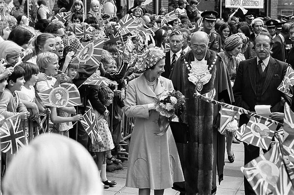 Queen Elizabeth II during her visit to Solihull, the West Midlands for her Silver Jubilee