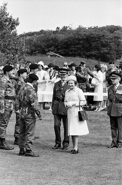 Queen Elizabeth II visits Altcar Training Camp in Hightown, Merseyside. 29th June 1985