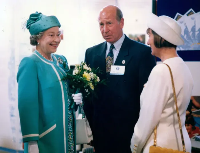 Framed Print : Queen Elizabeth II visits Manchester. The Queen meets Bobby Charlton Framed Print : Queen Elizabeth II visits Manchester. The Queen meets Bobby Charlton