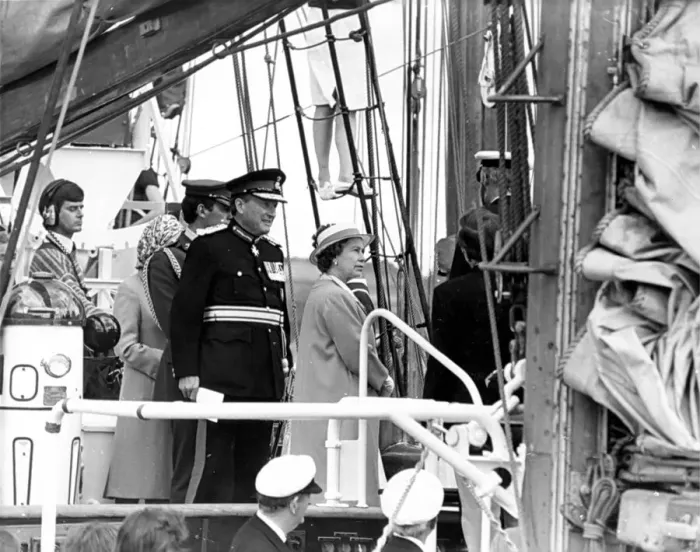 Framed Print : Queen Elizabeth II visits the North- East meeting crew members of a sailing ship Framed Print : Queen Elizabeth II visits the North- East meeting crew members of a sailing ship