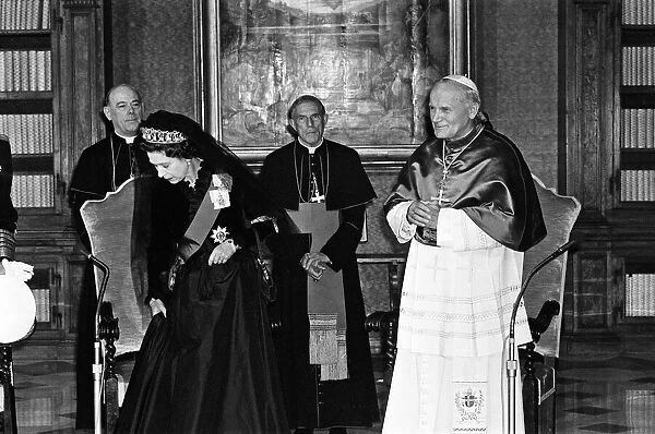 Queen Elizabeth II visits Pope John Paul II at the Vatican. 17th October 1980