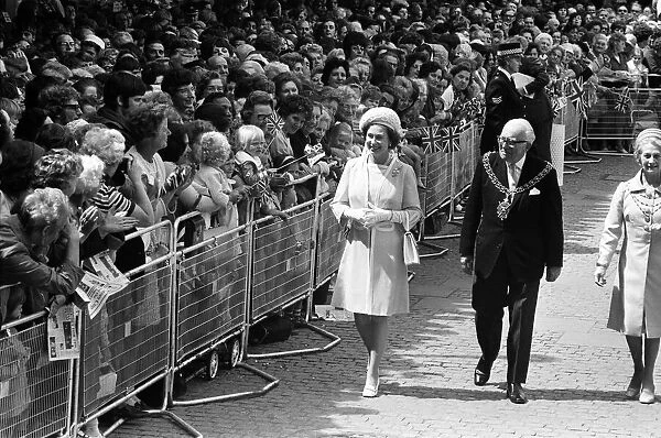 Queen Elizabeth II visits the Precinct, Coventry, with the Lord Mayor and Mayoress
