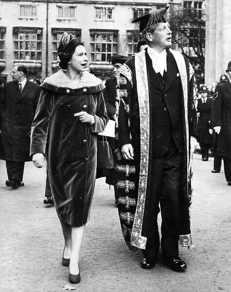 Queen Elizabeth II walking with Harold MacMillan along Broad Street to Trinity College