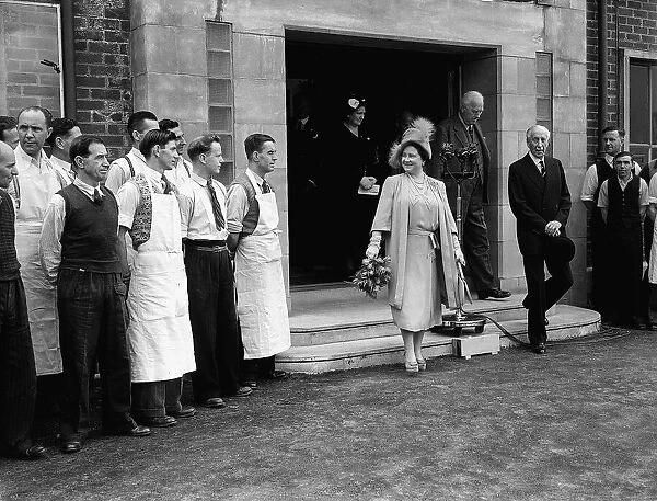 Queen Elizabeth (now the Queen Mother) leaving the Lord Roberts Memorial Workshop which