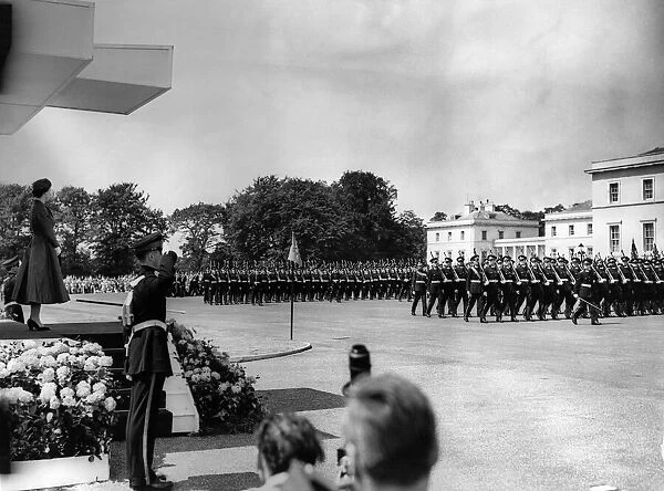 Queen Elizabeth at Sandhurst Military College for the presentation of the new colours