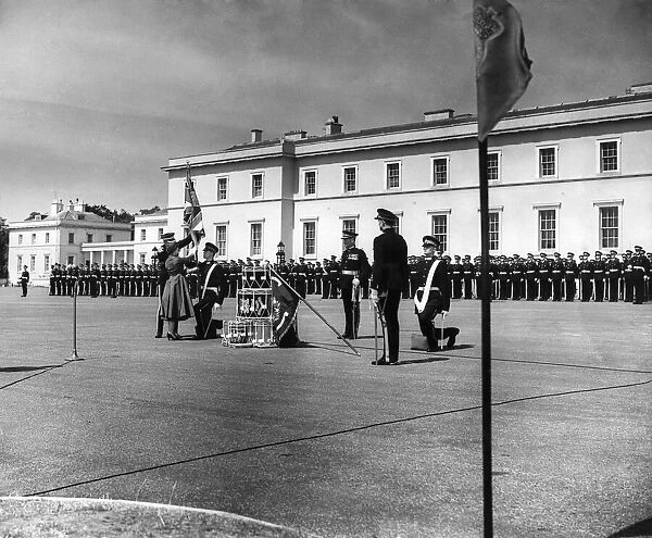Queen Elizabeth at Sandhurst Military College for the presentation of the new colours