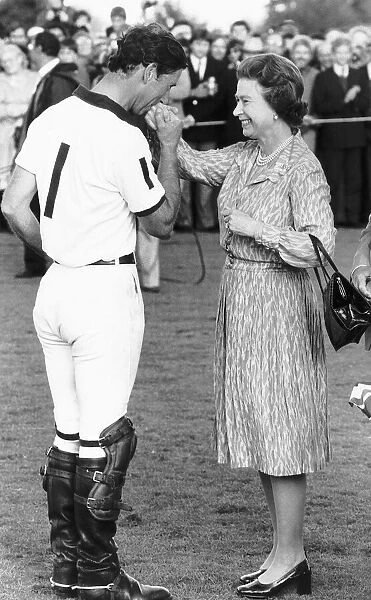 Queen Elizabeth with her son Prince Charles at a horse polo match against Brazil