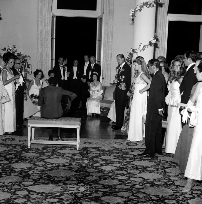 Framed Print : Queen Elizabeth on tour in Brazil listening to music with Prince Philip Framed Print : Queen Elizabeth on tour in Brazil listening to music with Prince Philip