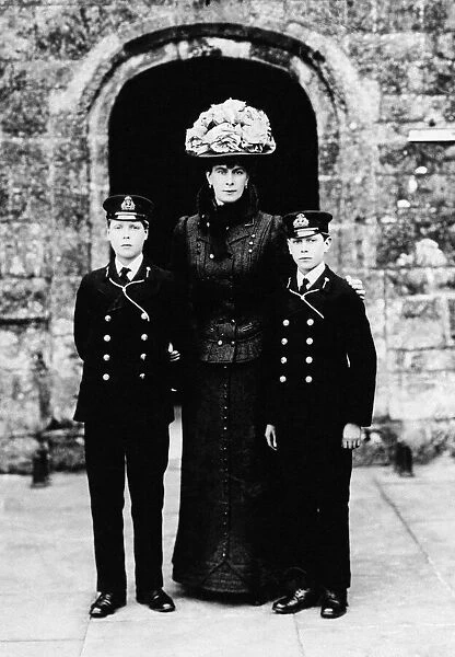 Queen Mary with Prince Edward and Prince Albert after visiting an exhibition at The