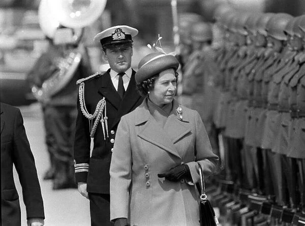 The Queen May 1980 on a state visit to Switzerland, she inspects troops at the Berne