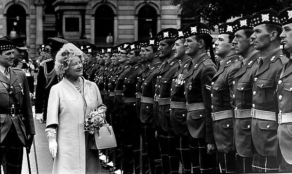 Queen Mother at her guard of honour with 52nd Lowland Volunteers at Glasgow City Chambers